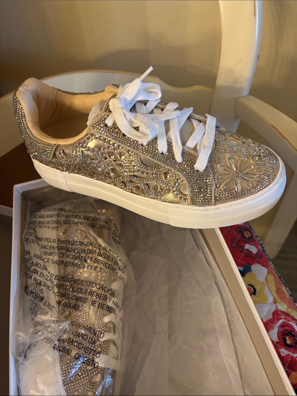 Women's Embellished Lace-Up Sneakers in Gold